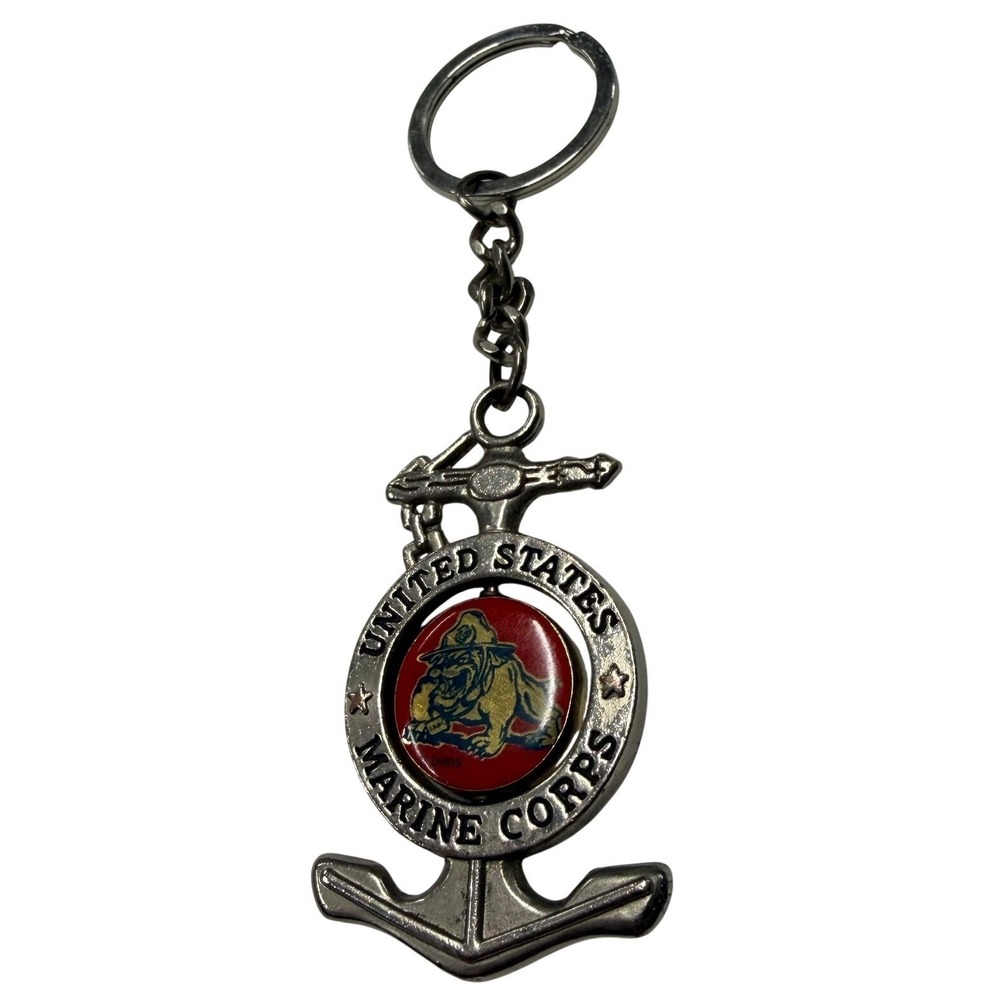 USMC United States Marine Corps Anchor Spinning Devil Dog Keychain Silver Tone